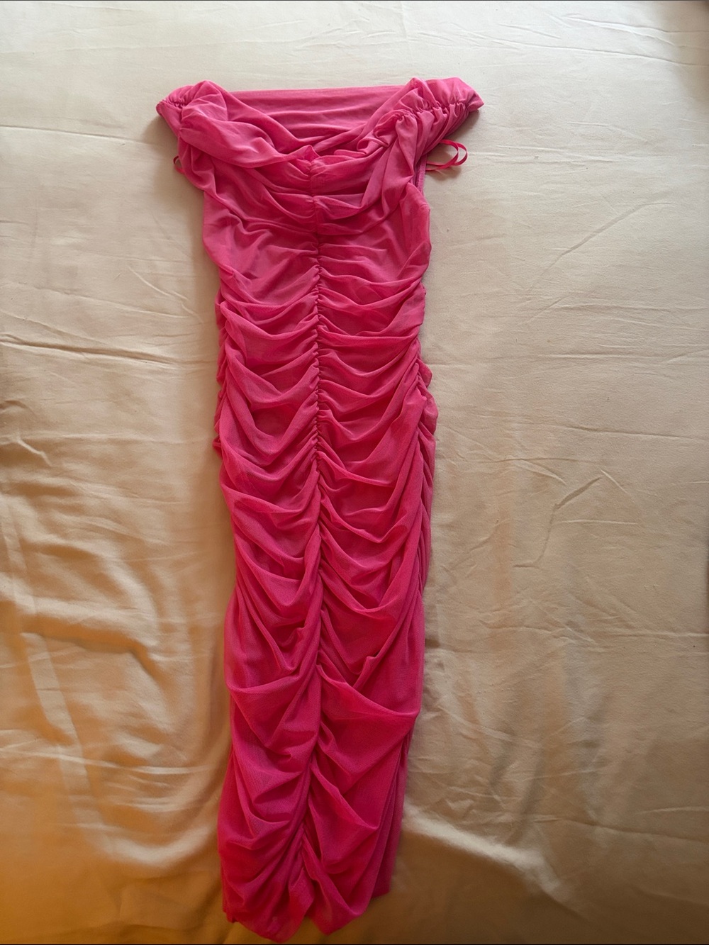 Ruched Off-Shoulder Bodycon Dress in Hot Pink